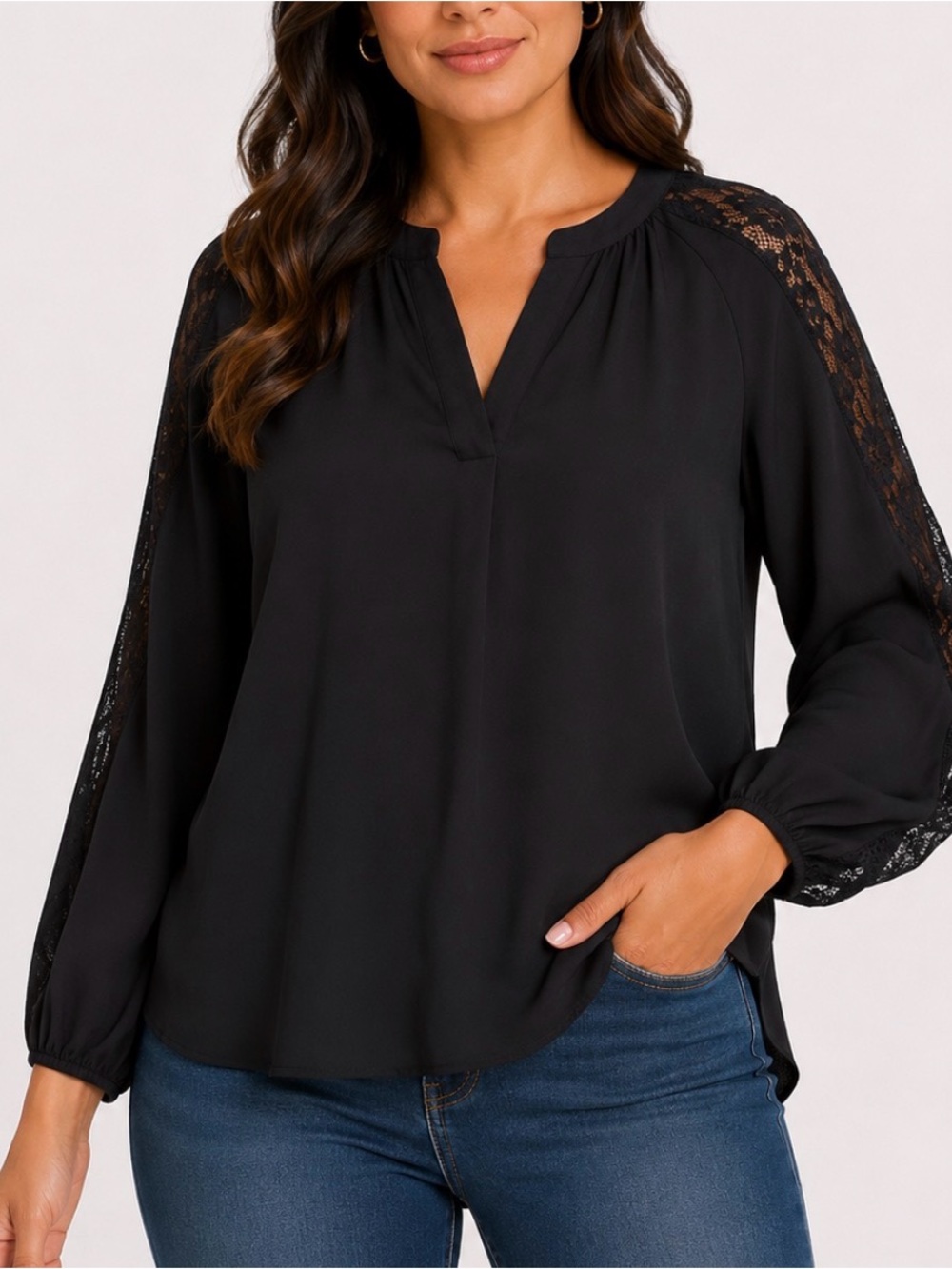 Fortune & Ivy Black Lace-Trim V-Neck Blouse SZ XL lightweight lace sleeve detail